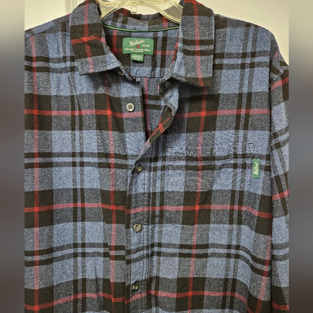 WOOLRICH Flannel Shirt Men's XL Plaid Blue Black Red Long Sleeve Button Up GUC